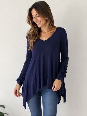 Lemon Cashmere Blend Ruched Sleeve Asymmetrical Tunic Sweater Small